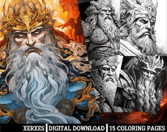 Xerxes inspired coloring pagesfor adults instant download grayscale coloring pageprintable pngjpeg coloring for adult fantasy king art
