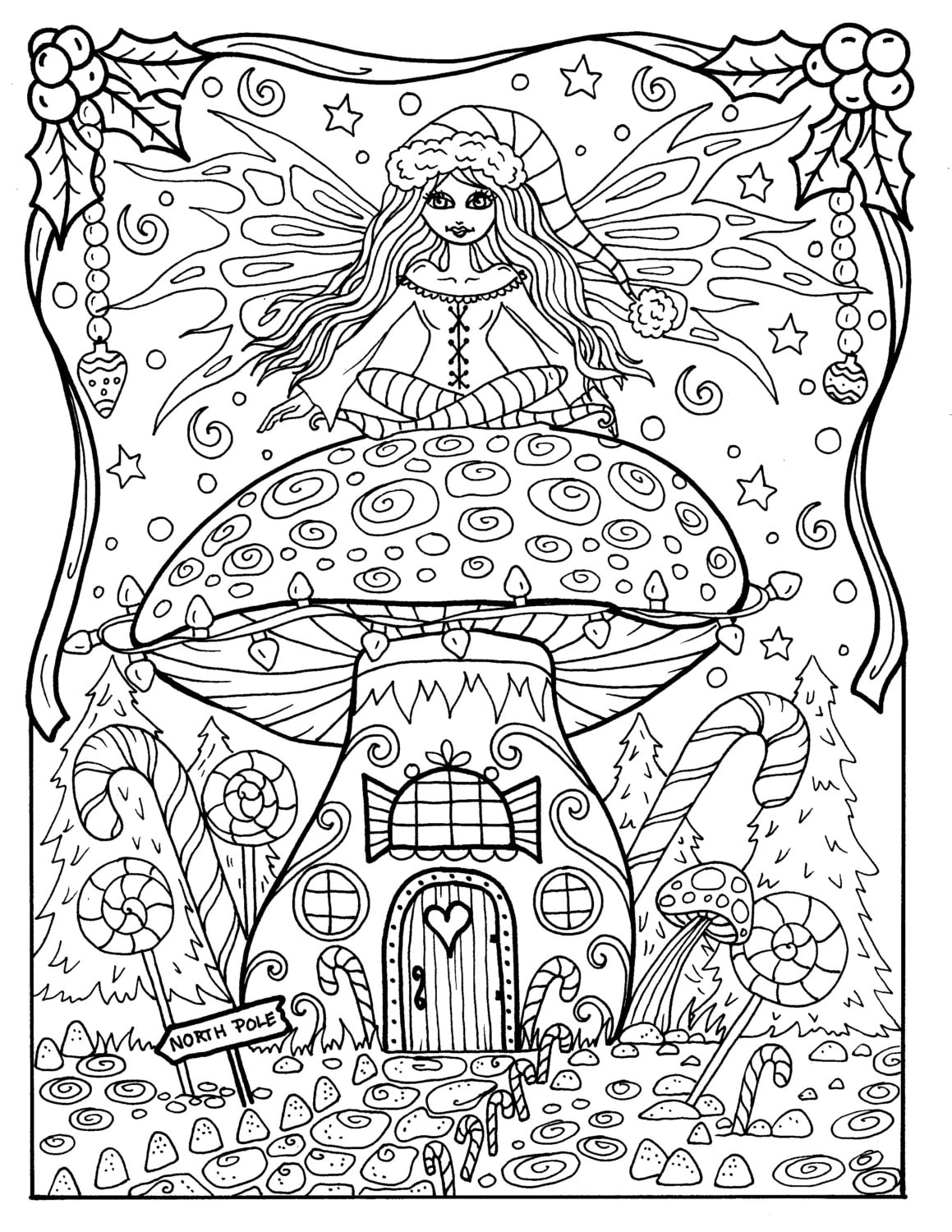 Fairy christmas coloring page adult color fairy house digital color instant download