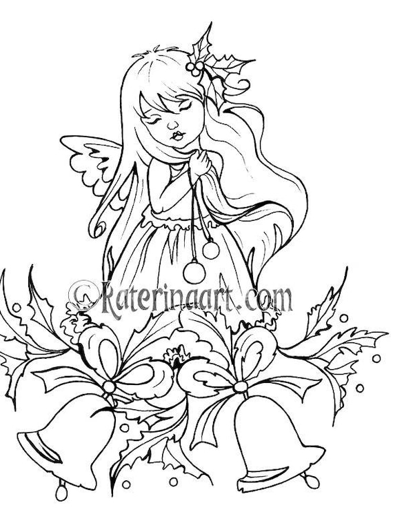 Christmas bells little angelfairy coloring page instant download digital stamp fantasy art katerinaart