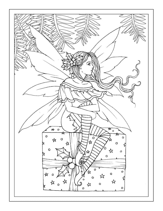 Christmas fairy sitting on gift printable instant download adult coloring page holiday fairy faery faires molly harrison