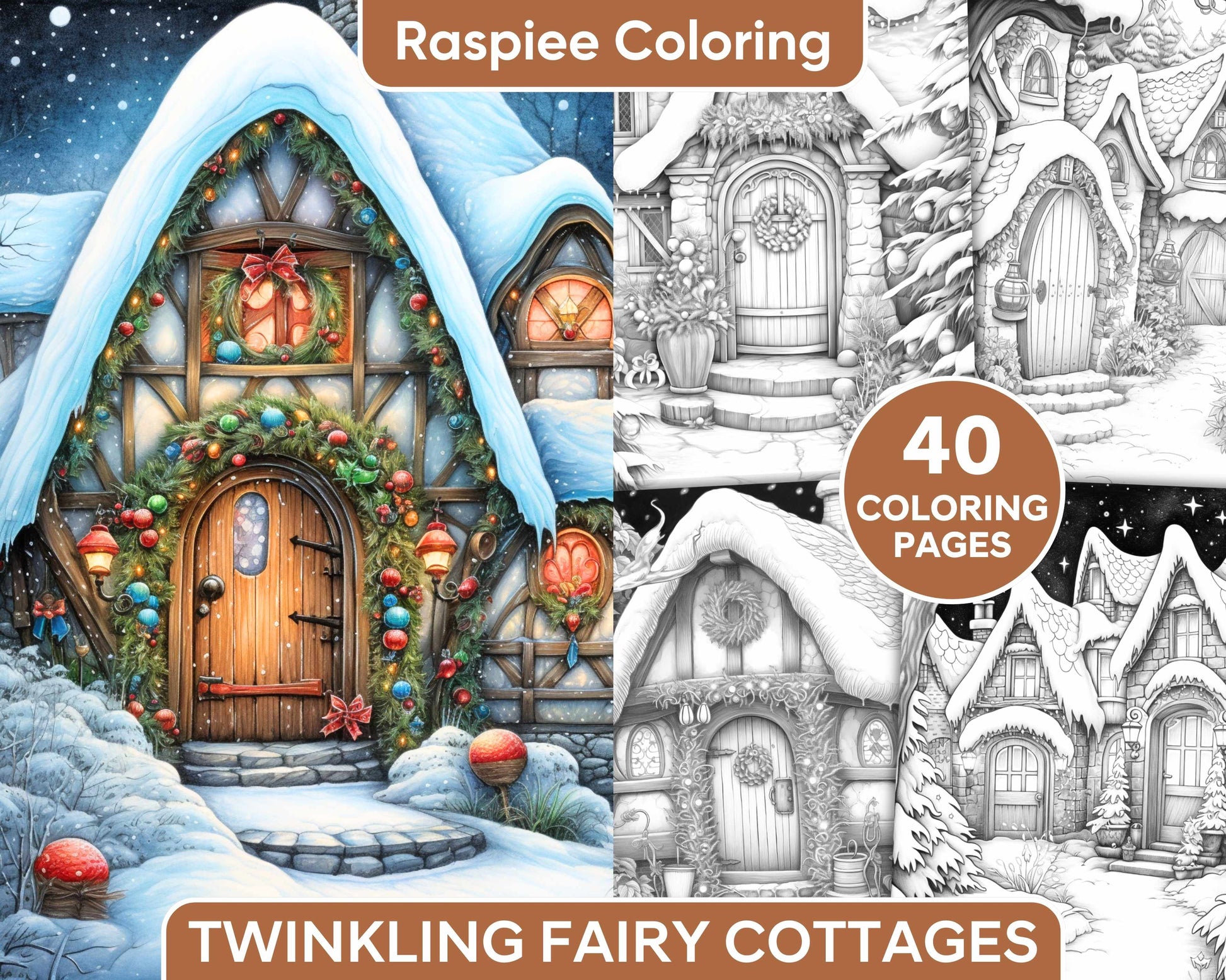 Christmas twinkling fairy cottages grayscale adult coloring pages â coloring