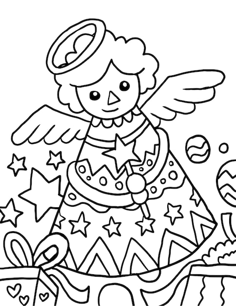 Premium vector fairy christmas doodle coloring page