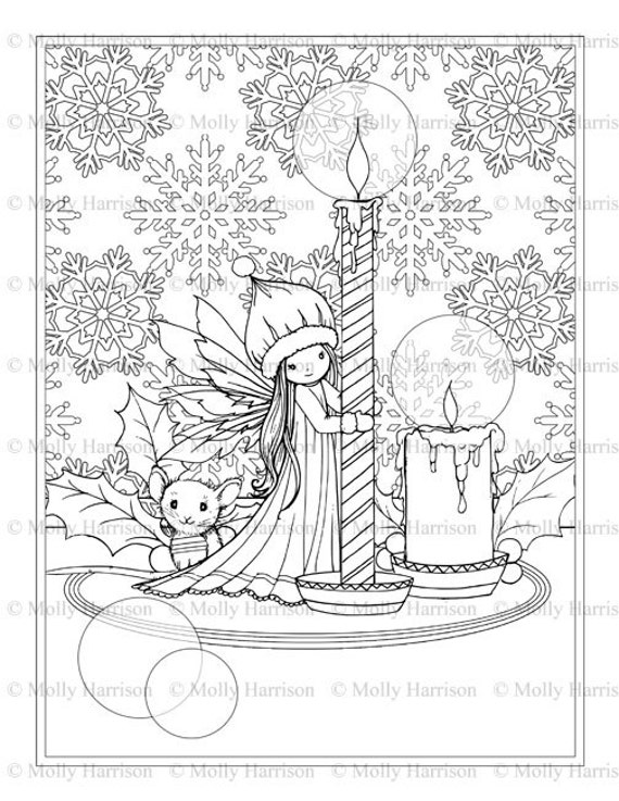 Christmas fairy and mouse with candles coloring page all ages printable instant download christmas scene fairy angels