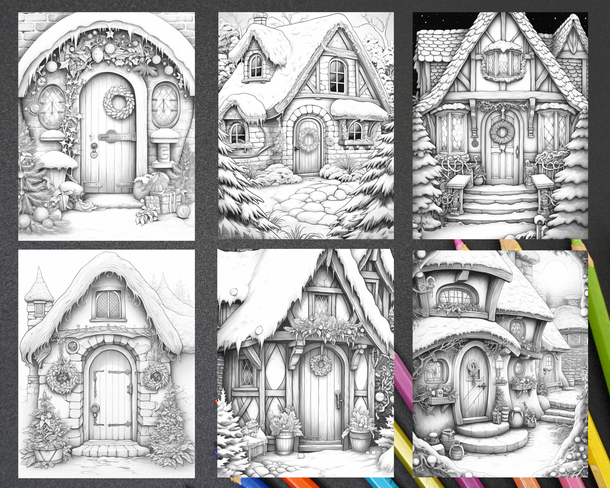 Christmas twinkling fairy cottages grayscale adult coloring pages â coloring