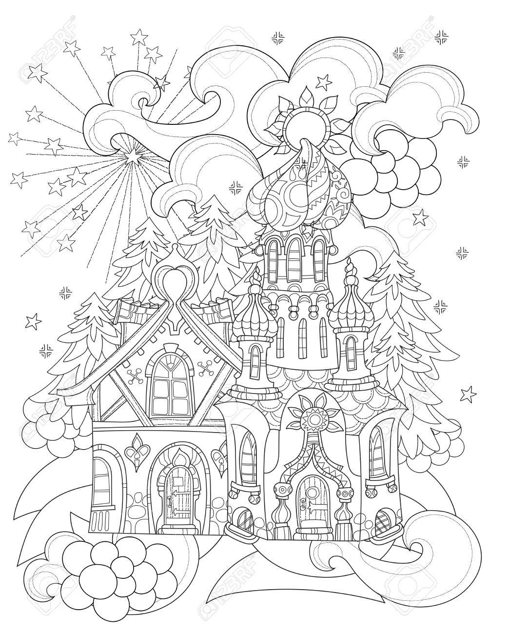 Vector cute christmas fairy tale town doodlehand drawn line illustrationsketch for postcard or print or coloring anti stress adult bookboho zen art style royalty free svg cliparts vectors and stock illustration image