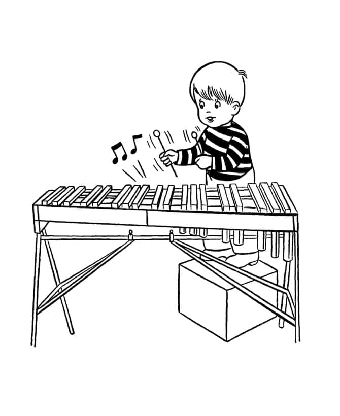 Little boy is playing xylophone coloring page