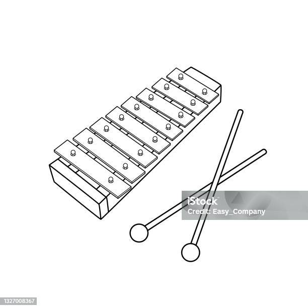 Black and white vector illustration of kids alphabet coloring book page with outlined clip art to color toys xylophone stock illustration