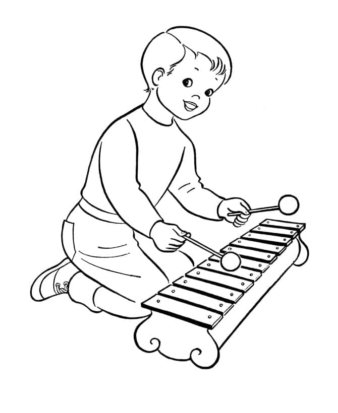 Boy is playing xylophone coloring page