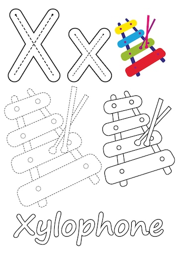 Premium vector coloring pages of xylophone and the letter x suitable for use in childrens coloring books