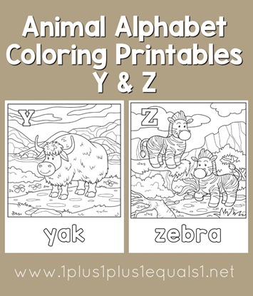 Animal alphabet coloring printables y and z