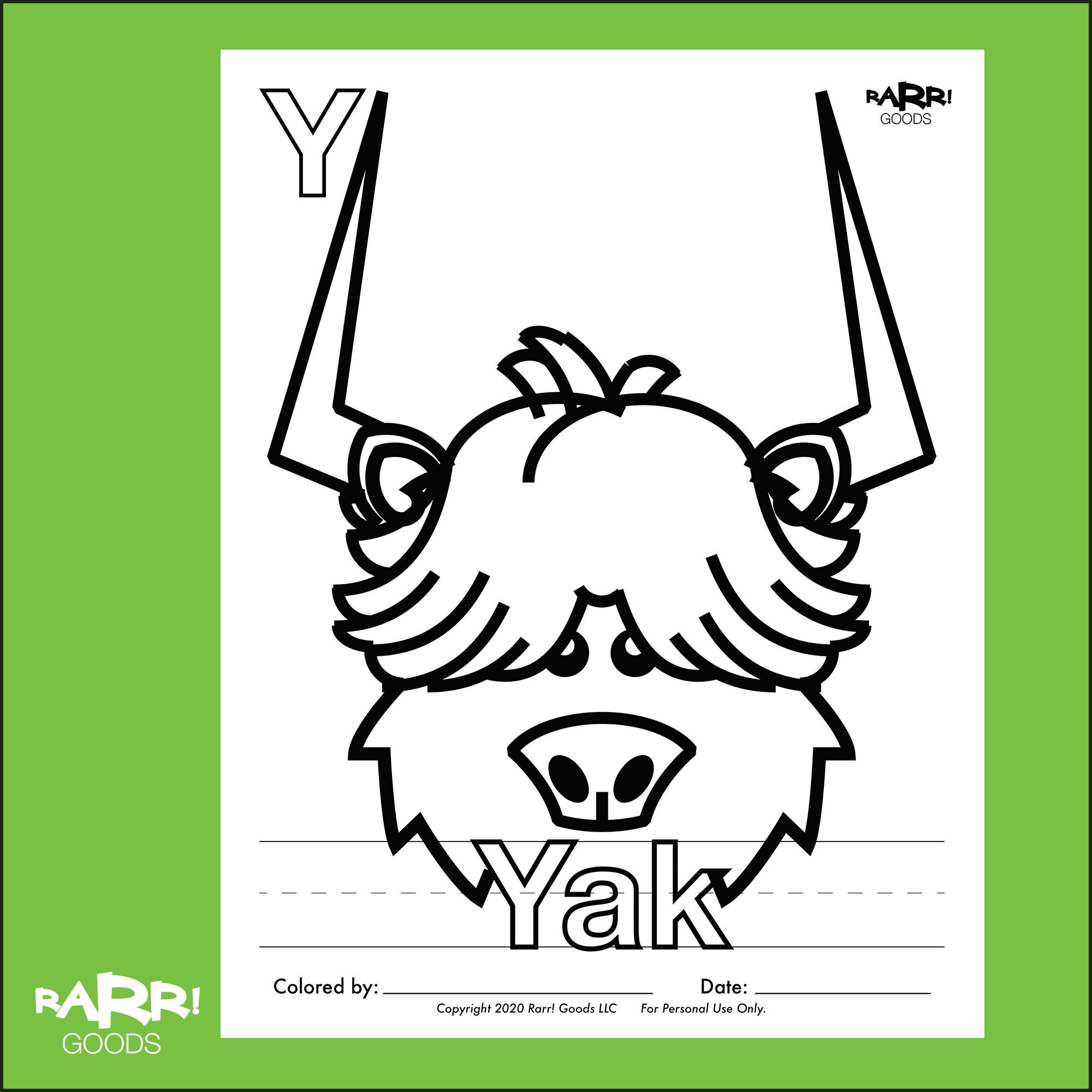Rarr goods y for yak coloring page alphabet animal coloring page letterform tracing page pdf instant digital download
