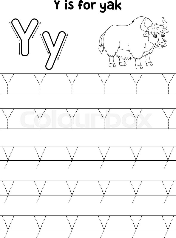 Yak animal tracing letter abc coloring page y stock vector