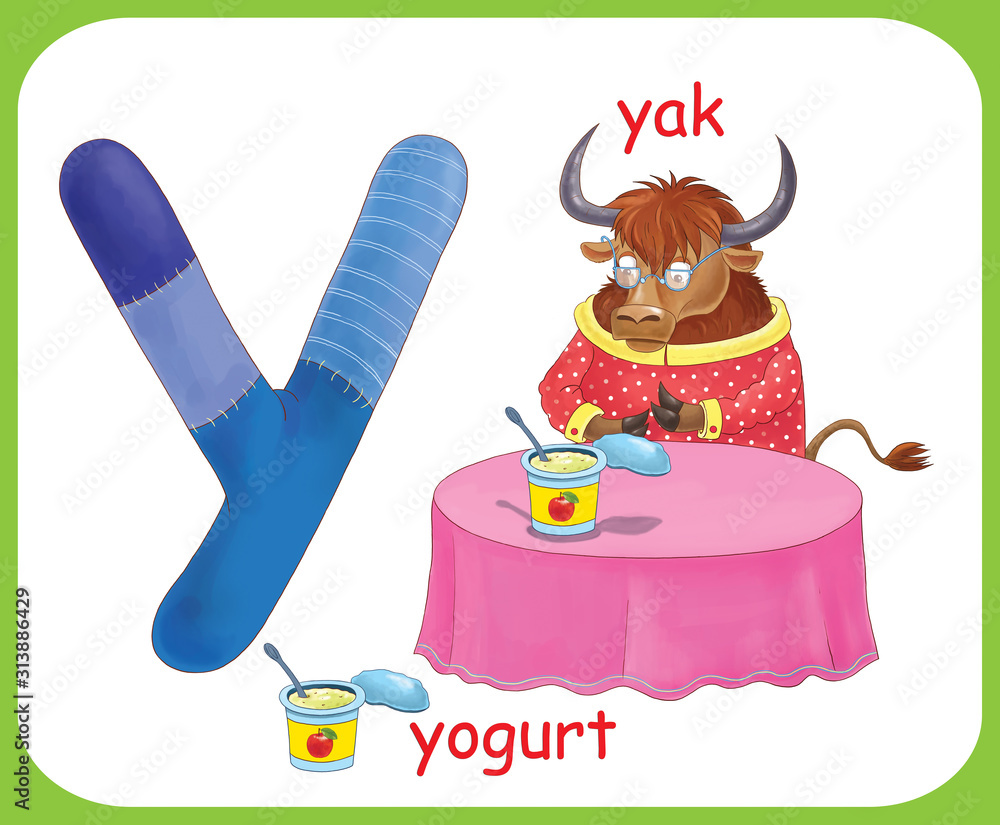 English alphabet abc capital letter y yak yogurt coloring book coloring page illustration for children cute cartoon characters isolated on white background card poster illustration