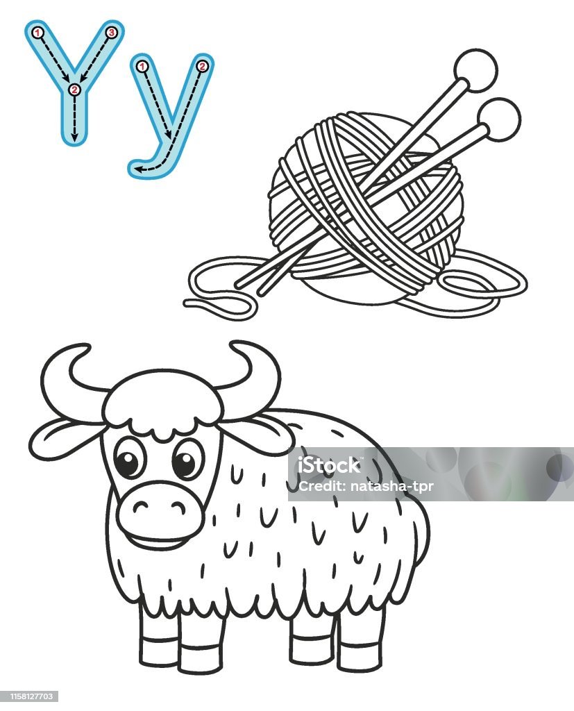 Letter y yak yarn vector coloring book alphabet printable coloring page for kindergarten and preschool stock illustration