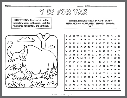 Yak word search coloring page
