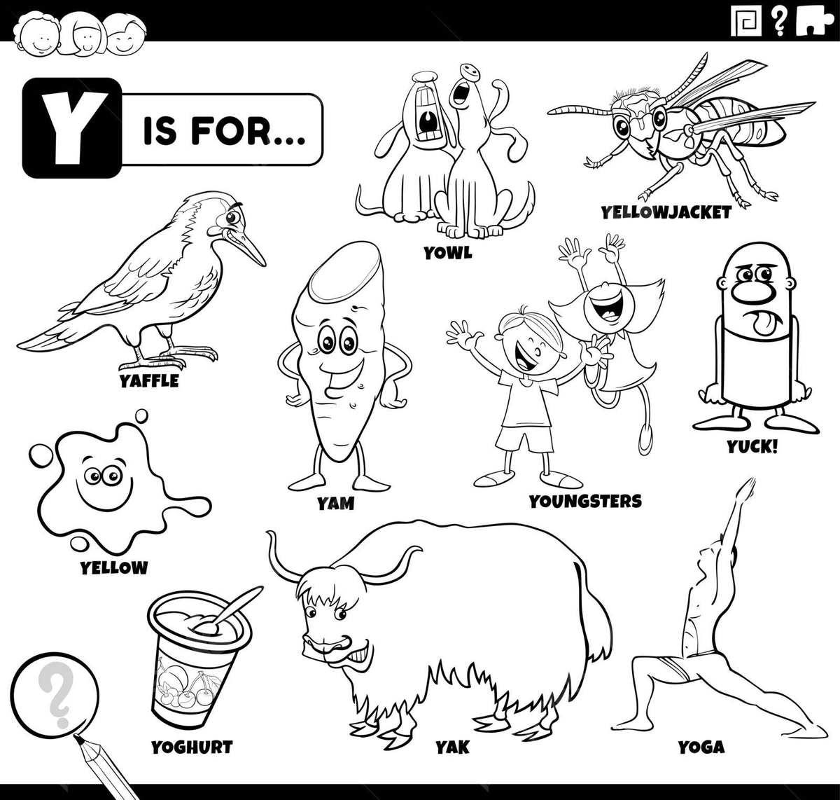 Educational cartoon set coloring page featuring words beginning with the letter y vector workbook vector education png and vector with transparent background for free download