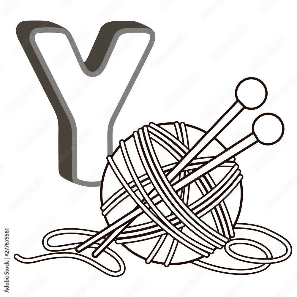Coloring book alphabet with capital letters of the english and cute cartoon animals and things coloring page for kindergarten and preschool cards for learning english letter y yarn illustration