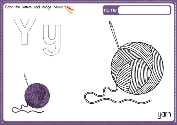Vector illustration of kids alphabet coloring book page with outlined clip art to color letter y for yarn stock illustration