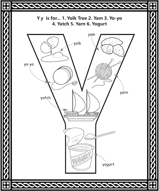 Premium vector alphabet y letter coloring book with cartoon vocabulary learning activity worksheet for kids