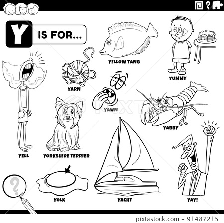 Letter y words educational cartoon set coloring