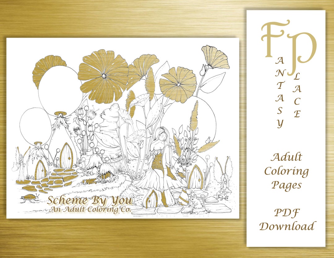 Fantasy fairy world mushrooms and fae adult coloring page instant download printable coloring page