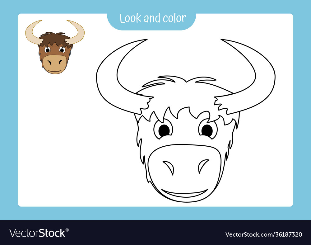 Coloring page outline yak with colored example vector image