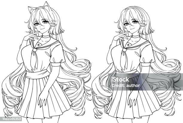 Anime full body manga visual novel npc sprite raster line art coloring book casual clothes long curly hair stock illustration