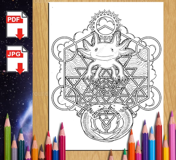 Axolotl coloring page mandala coloring page printable coloring page sri yantra digital coloring pages fun coloring book