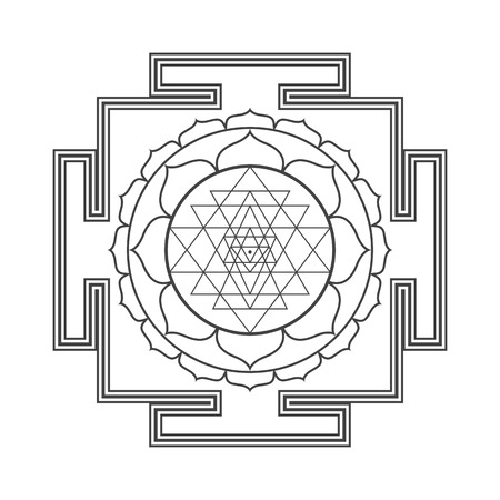Vector design black monochrome tripura sundari aspect shodashi yantra dasa mahavidya sacred geometry divine mandala illustration bhupura lotus petals isolated white background