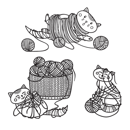 Vector set of cute cats playing with yarn ball coloring can be used as a sticker icon logo design template coloring page royalty free svg cliparts vectors and stock illustration image