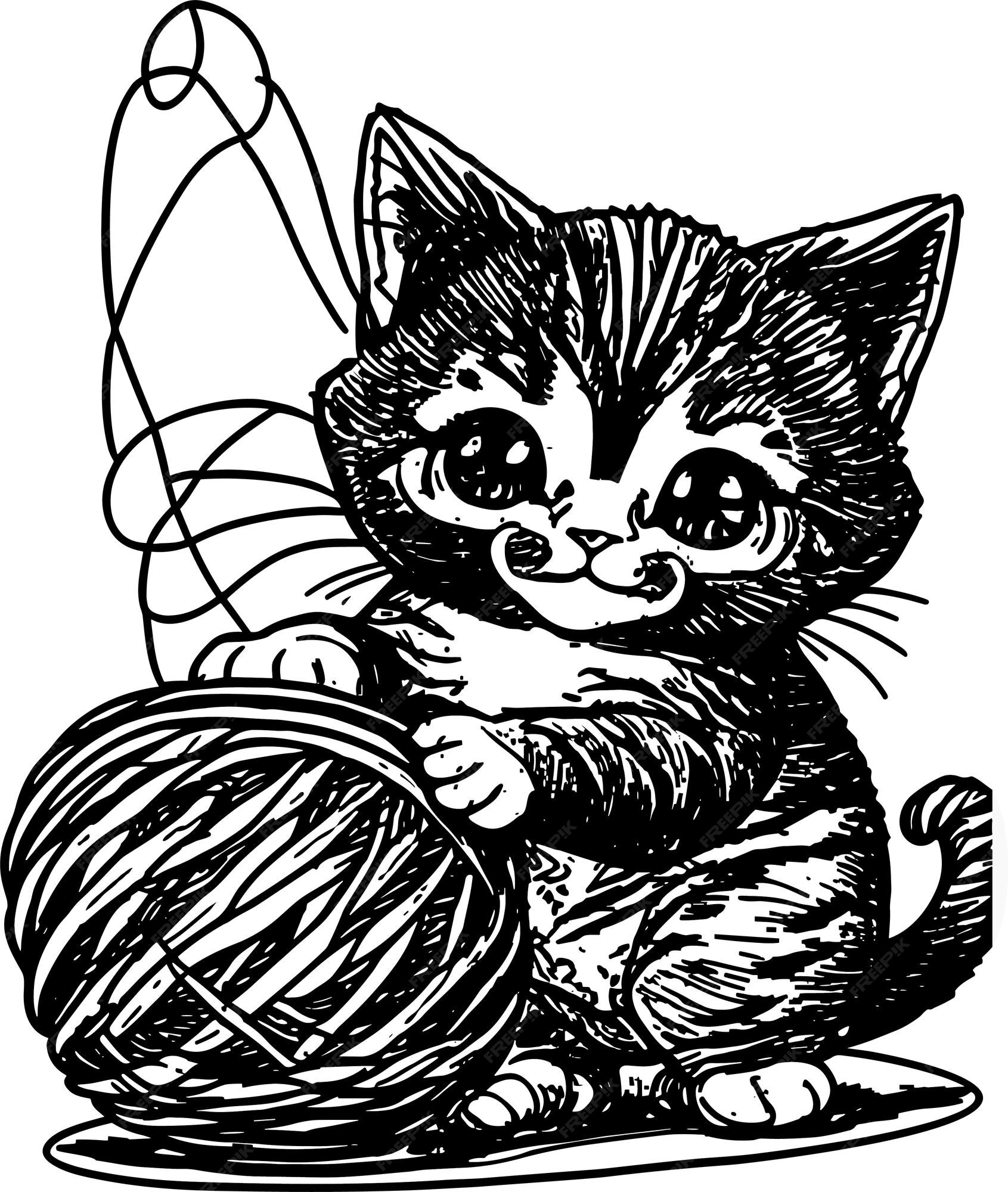 Premium vector playful cat with yarn ball coloring book image of delightful stretching