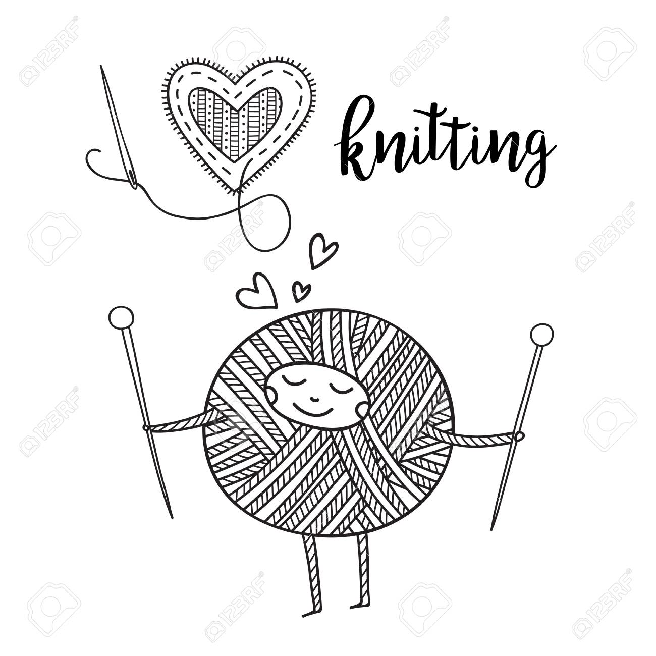 Vector knitting theme card with cute yarn ball character and lettering can be printed and used as banner card placard sticker invitation design template label coloring page royalty free svg cliparts