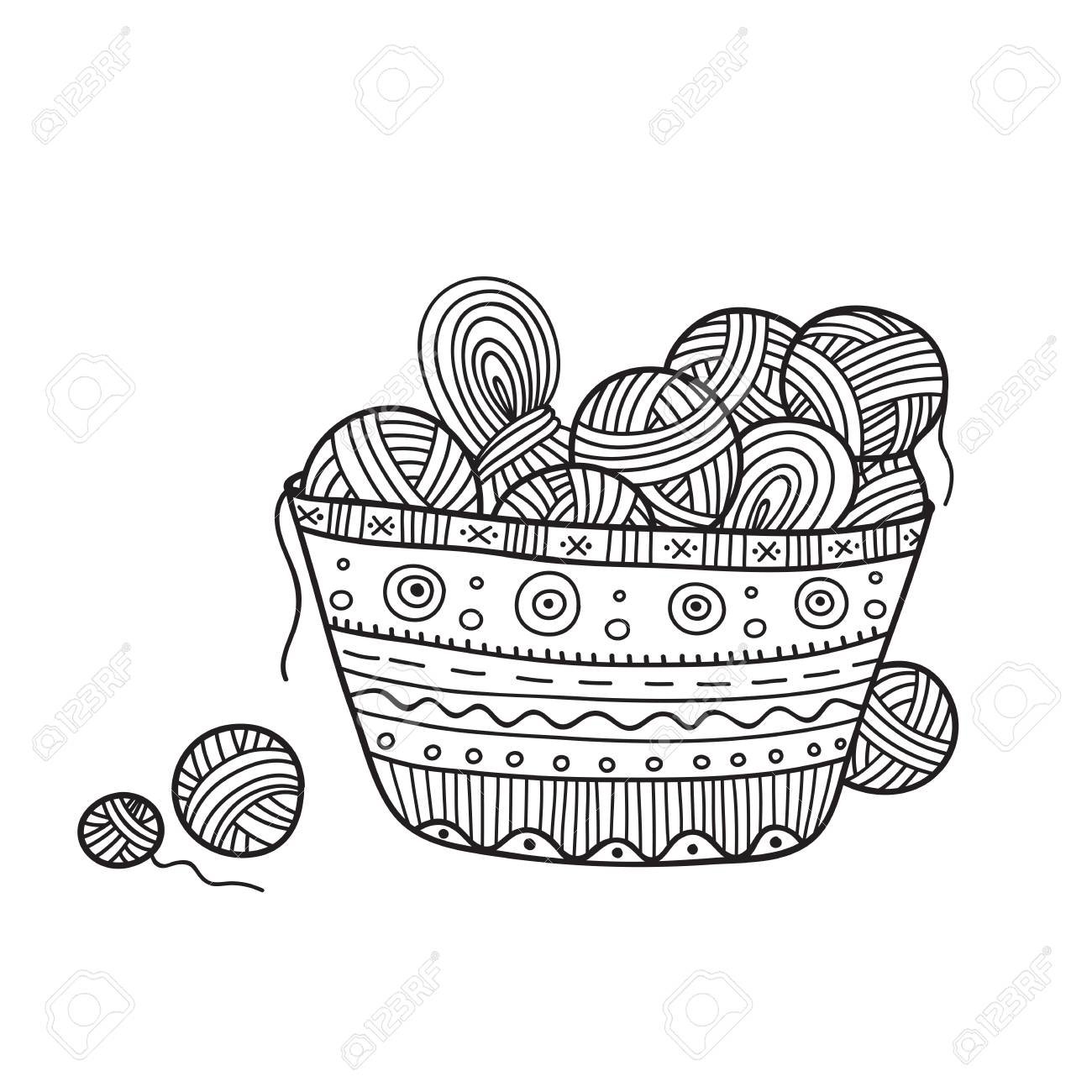 Vector illustration of balls of yarn in knitting basket can be used as a sticker icon logo design template coloring page royalty free svg cliparts vectors and stock illustration image