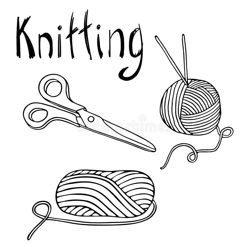 Outline vector knitting set ball of yarn knitting needles and scissors stock vector