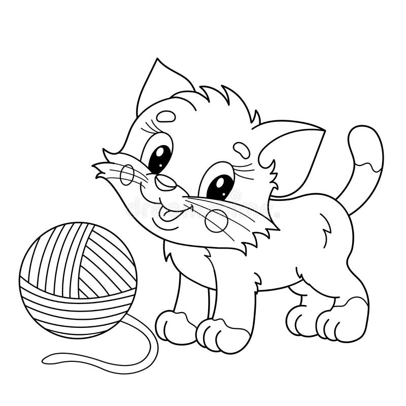 Coloring page outline of cartoon little cat with ball of yarn cute playful kitten pet stock vector