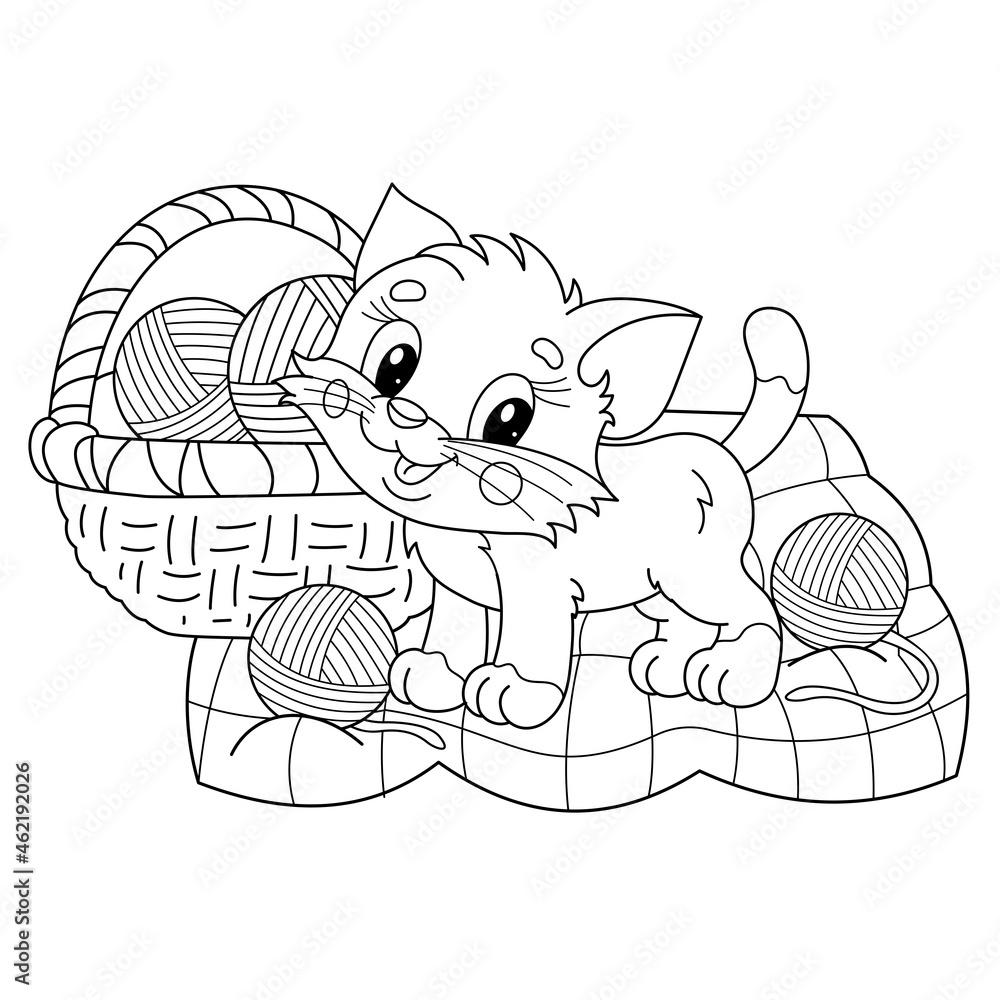 Coloring page outline of cartoon little cat with basket for knitting cute playful kitten with balls of yarn pet coloring book for kids vector