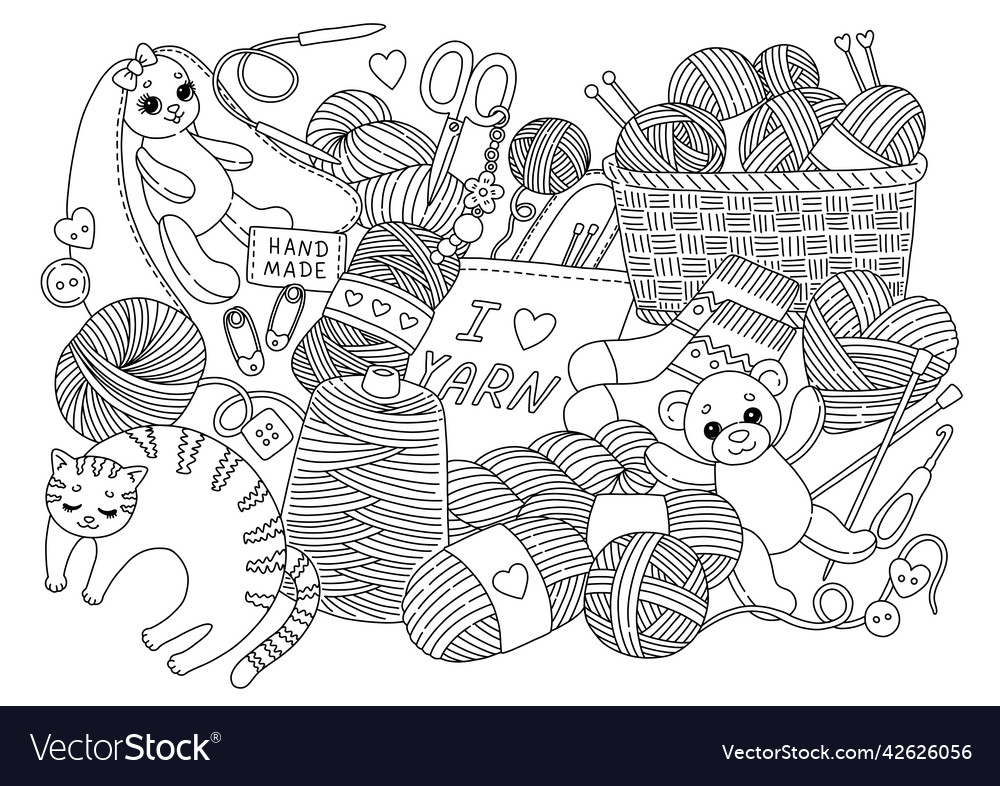 Yarn and knitting doodle coloring page royalty free vector