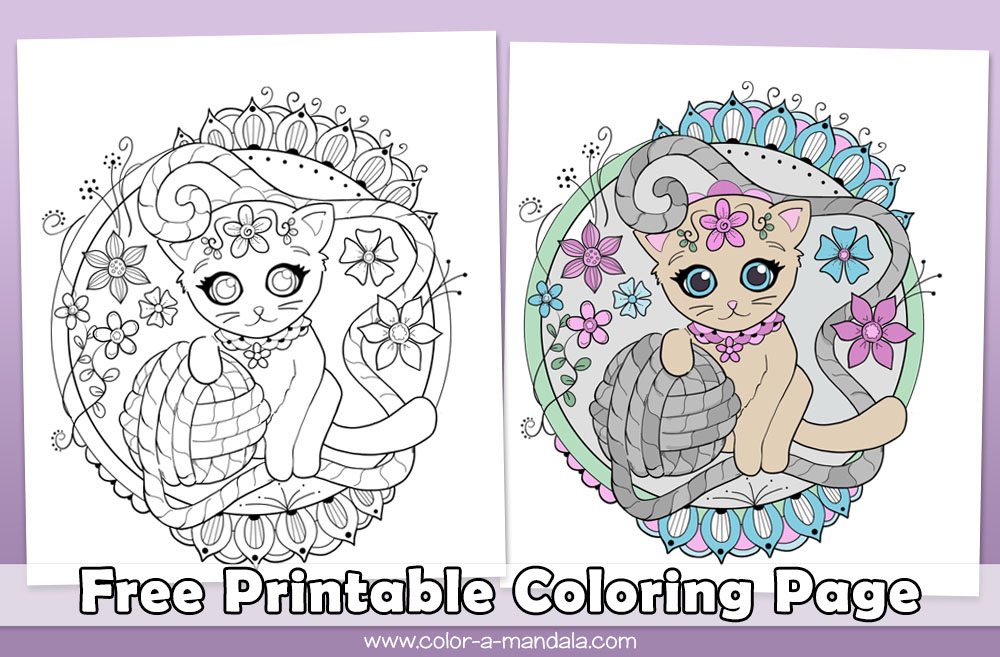 Cat and yarn coloring page m