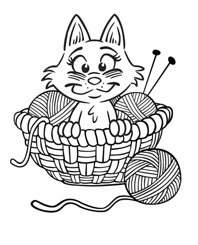 Cute cat and yarn coloring page
