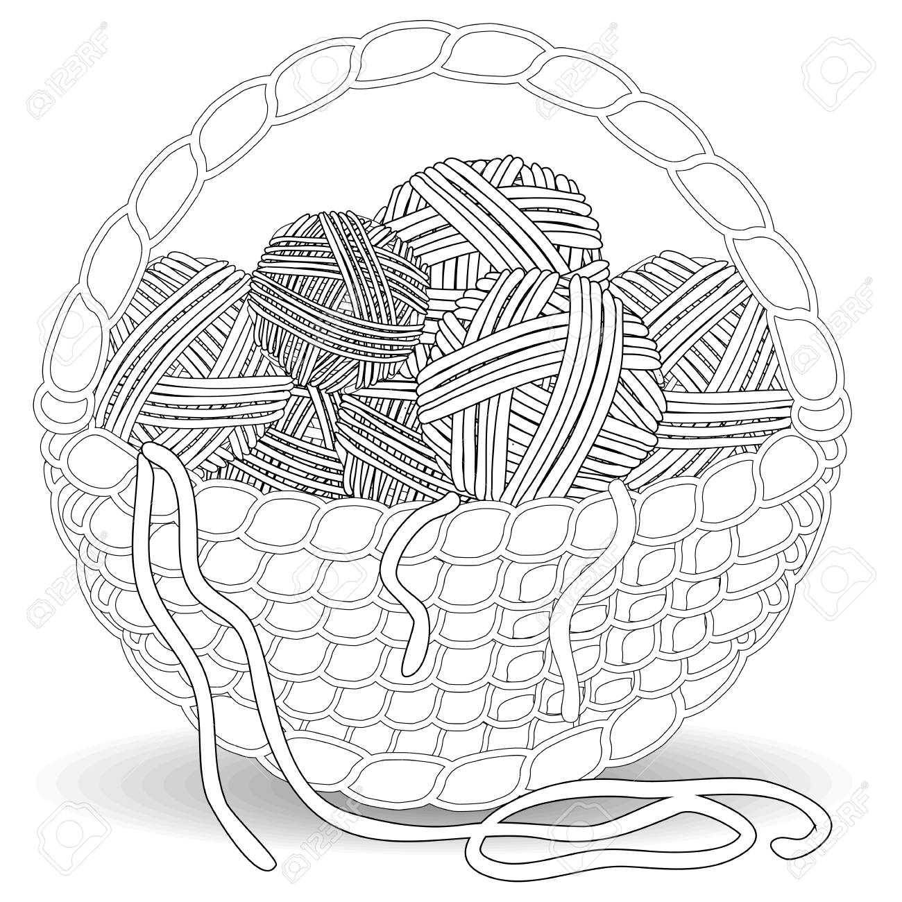 Basket with tangles of balls of wool coloring for adults and children royalty free svg cliparts vectors and stock illustration image