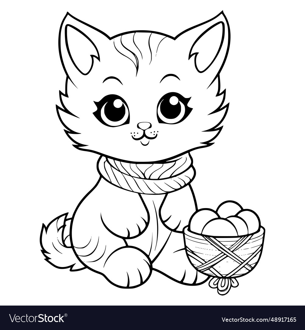 Cat and yarn coloring page for kids vector image