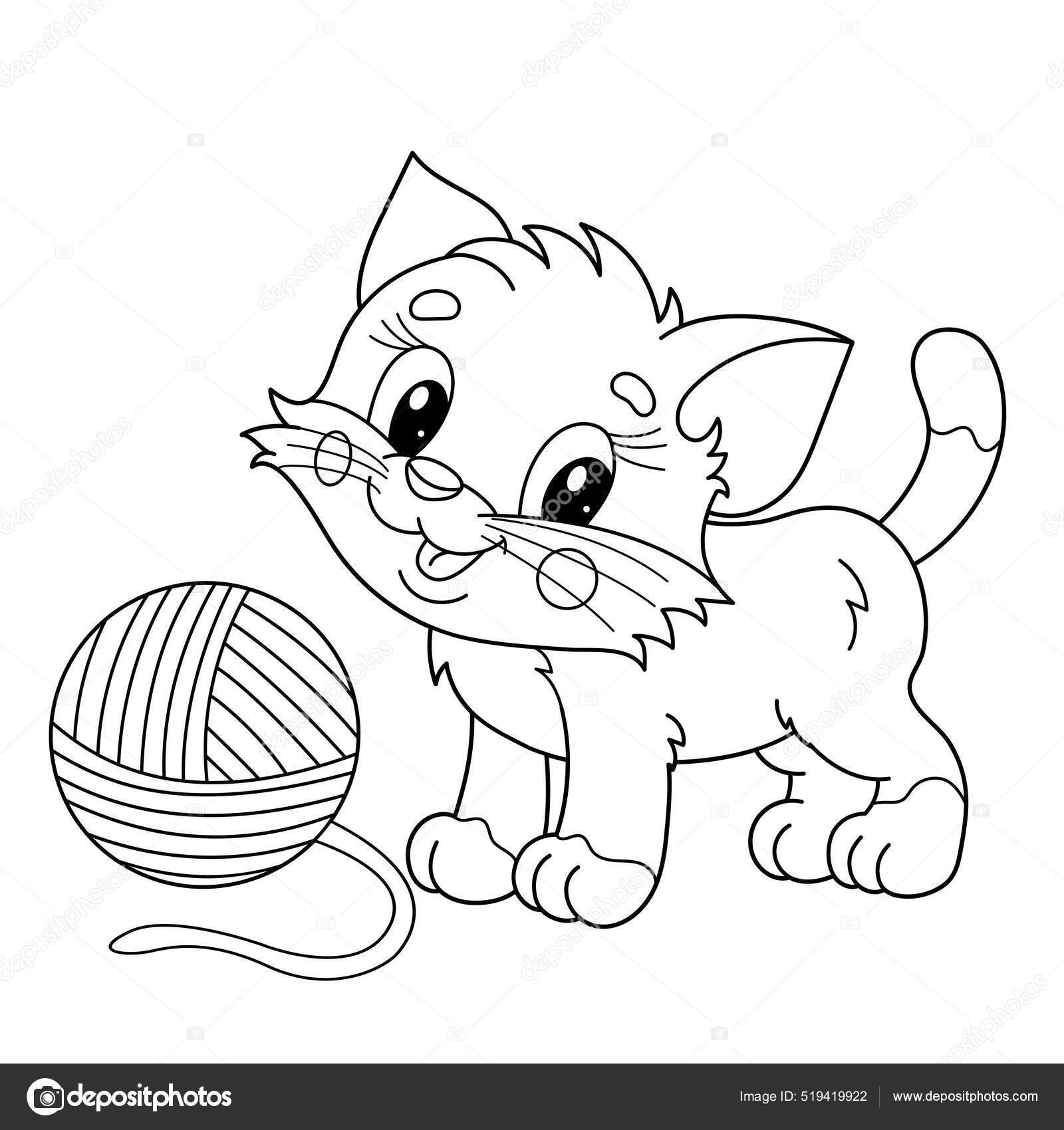 Coloring page outline cartoon little cat ball yarn cute playful stock vector by oleon