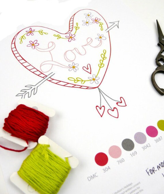 Valentine love heart embroidery pattern pdf design hand stitchery coloring page book