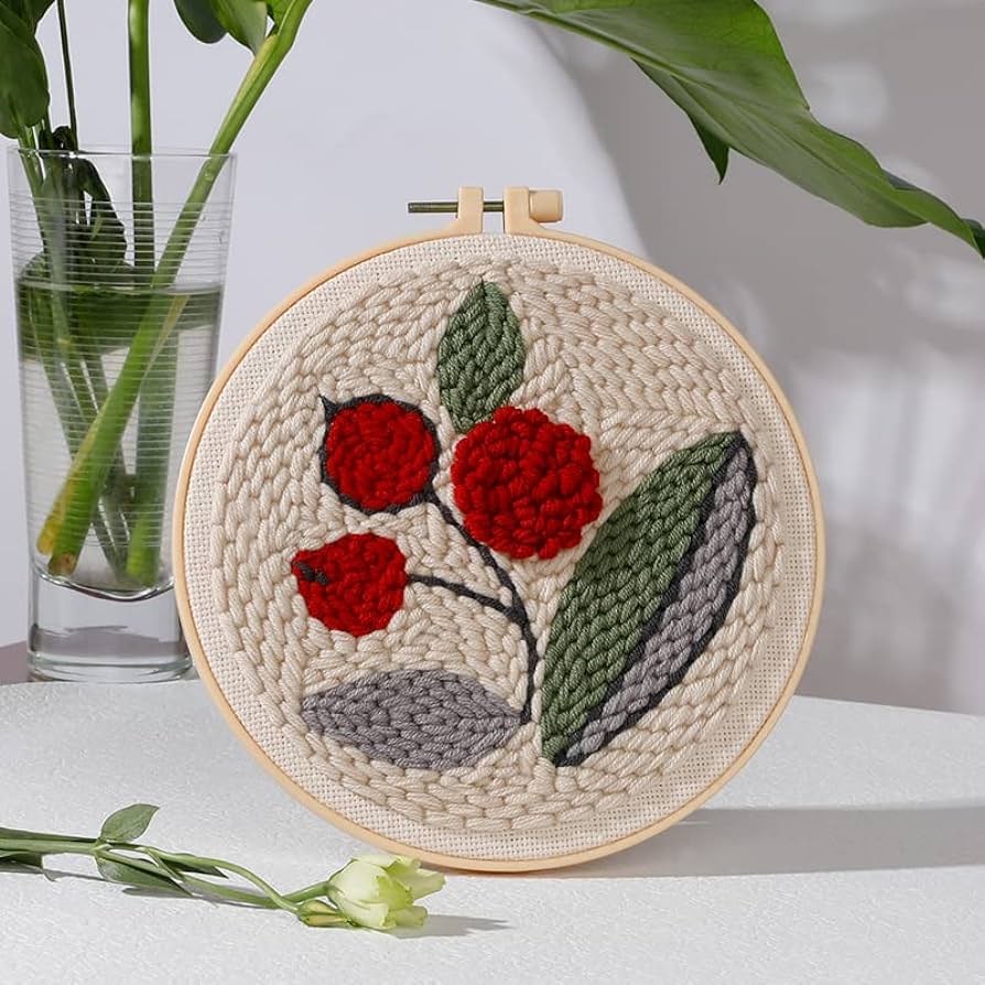 Easy diy craft punch needle embroidery kits rug for starter kits with stamped color pattern package included instructionyarn and adjustable penhoop cherry home