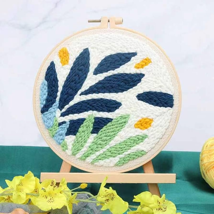 Easy diy craft punch needle embroidery kits deco rug for starter kits with stamped color pattern with instructionyarn and embroidery wooden handle needle penhoop nordic plant leaf deco home