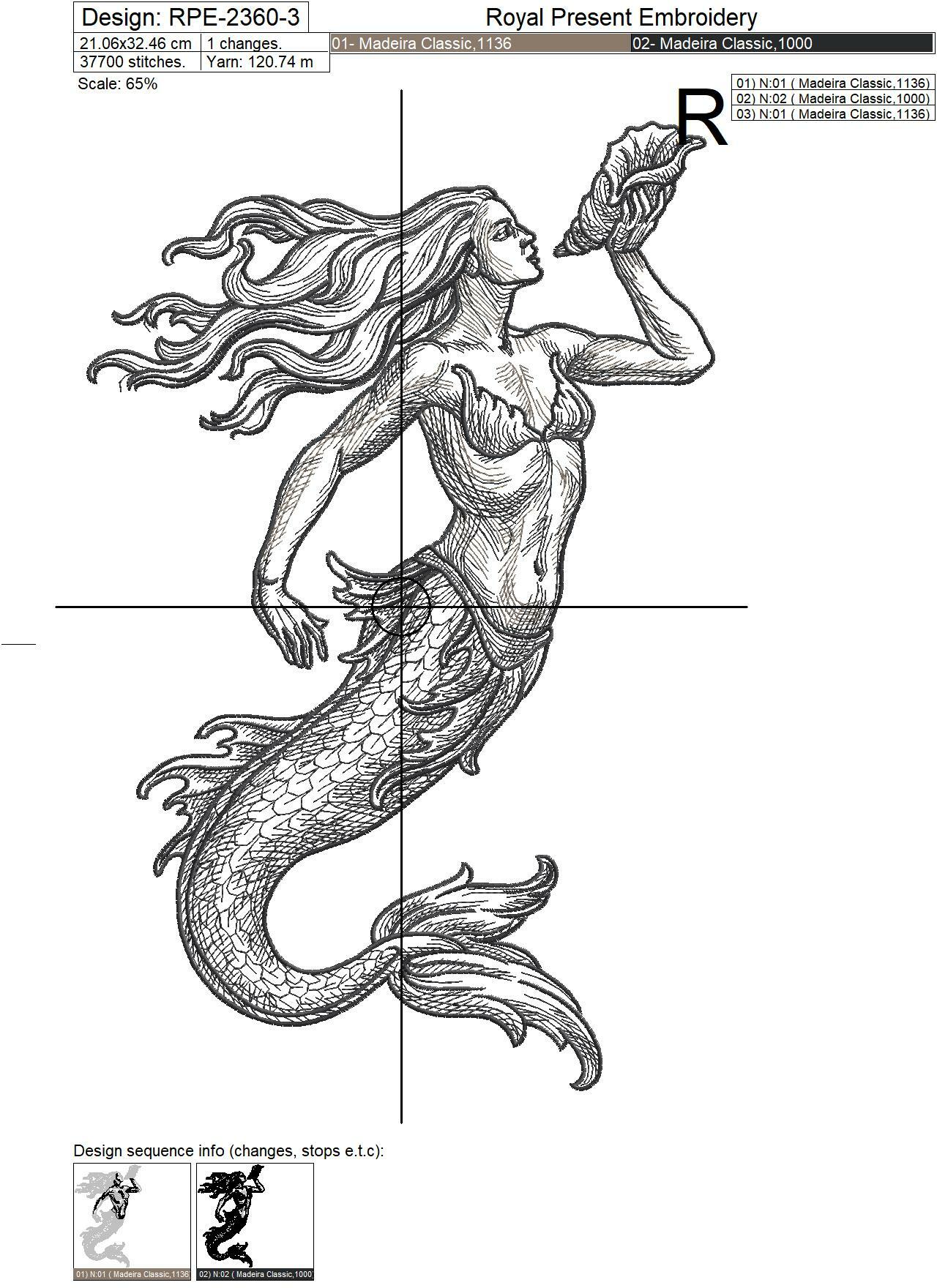 Mermaid with shell machine embroidery design