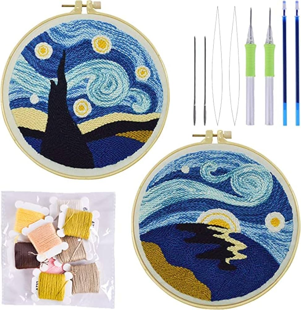 Pcs easy wool diy craft punch needle embroidery kits starry night sky rug for starter kits with stamped lor pattern with tool sets xcm model home kitchen