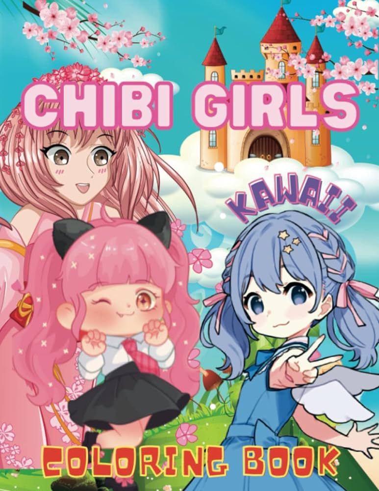 Chibi girls kawaii coloring book cute adorable chibi girls fun fantasy manga anime style illustrations relaxing anxiety stress