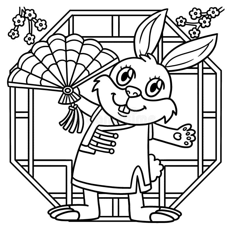 Rabbit chinese fan year of the rabbit coloring stock vector