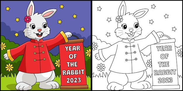 Premium vector year of the rabbit coloring page illustration